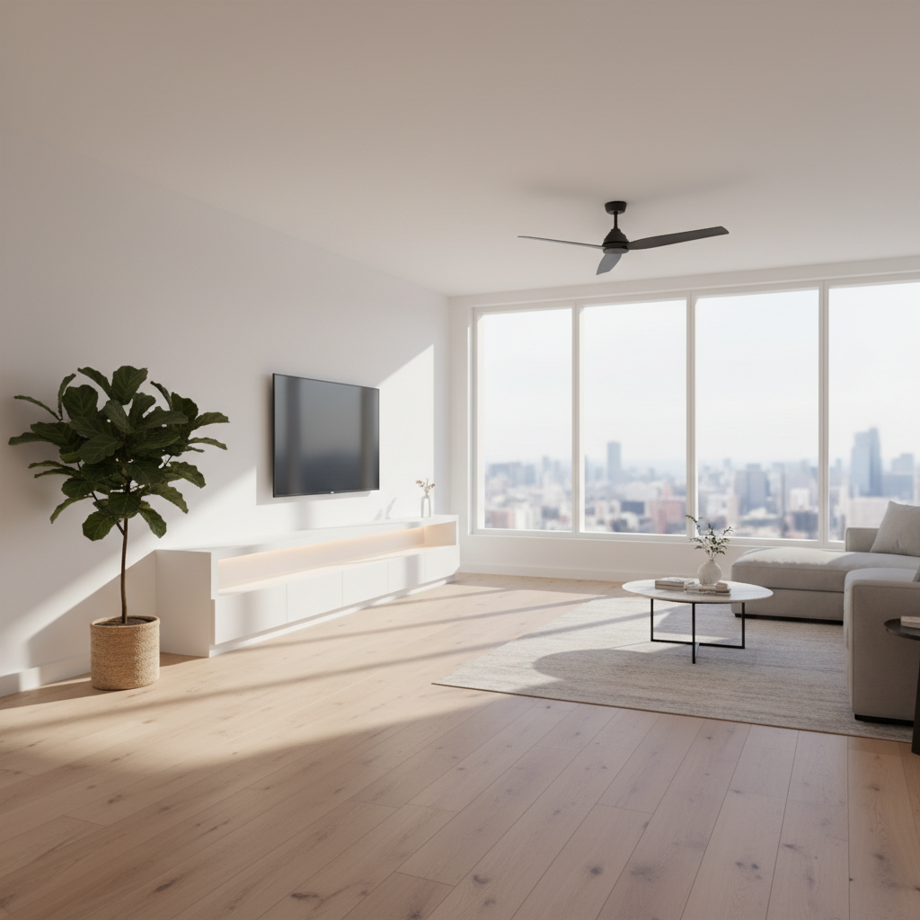A bright, high-end interior of a renovated multifamily unit living room, designed to appeal to professional renters. The space features wide-plank light oak flooring, crisp white walls, and a large floor-to-ceiling window revealing a blurred urban skyline. A built-in white media console with integrated LED strip lighting runs along one wall, while a modern matte-black ceiling fan hangs above. Soft midday natural light fills the room, creating subtle shadows along the floorboards and window frame. Shot from a corner at eye level, the composition highlights depth and spaciousness, with sharp focus from foreground to background. The mood is clean, aspirational, and move-in ready, reflecting the upside potential of value-add multifamily investing in strong markets.