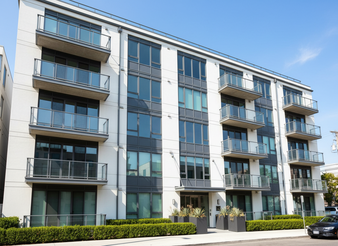 A sleek, contemporary multifamily apartment building with crisp white stucco, glass balcony railings, and charcoal metal accents, photographed in bright daylight. The structure rises cleanly against a clear blue sky, framed by neatly manicured hedges and geometric planters at the entrance. Sunlight reflects off expansive windows, creating subtle highlights on the glass and gentle shadows along the façade’s vertical lines. Captured from a slightly low, wide-angle perspective to emphasize stability and scale, with sharp focus throughout. The mood is professional, confident, and aspirational. The photographic realism and clean, modern aesthetic convey institutional-quality real estate in a thriving urban neighborhood, suitable as a hero image for a multifamily investing firm’s website.