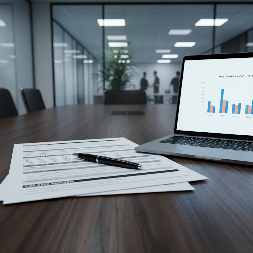 A photographic close-up of a detailed investment pro forma document spread neatly on a dark walnut conference table, beside a slim silver laptop displaying a bar chart of multifamily cash flows. The pro forma pages show crisp printed columns, lines, and headings, while a sleek black metal pen rests diagonally across the top sheet. Soft, cool-toned overhead office lighting illuminates the scene, creating gentle reflections on the laptop surface and subtle shadows under the paper edges. The background is intentionally blurred, hinting at a professional office environment with glass walls. Captured from a slightly elevated angle with shallow depth of field, the mood is analytical, disciplined, and data-driven, visually supporting the rigorous underwriting behind value-add multifamily investments.