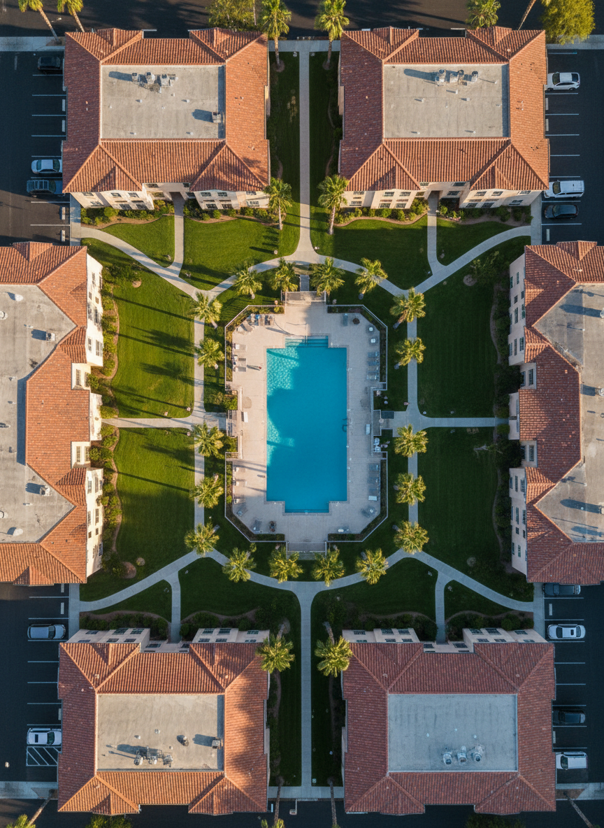 An aerial photographic view of a well-maintained garden-style multifamily community, featuring several low-rise buildings with light sand-colored exteriors and dark tile roofs arranged around a central landscaped courtyard. A sparkling rectangular pool with deep blue water anchors the center, surrounded by orderly palm trees, trimmed lawns, and paved walking paths. Late afternoon golden hour light casts warm tones across the scene, with long, soft shadows defining building shapes and walkways. The composition uses a bird’s-eye perspective with balanced symmetry, capturing the entire property in sharp detail. The mood is secure, established, and inviting, emphasizing scale, occupancy, and curb appeal for multifamily investors evaluating a stabilized asset.
