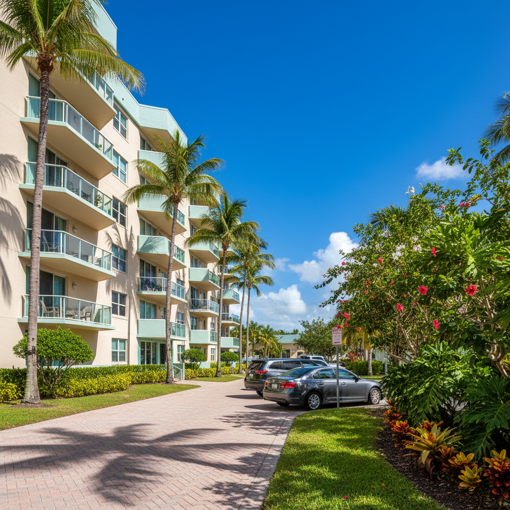A vibrant, photographic street-level scene of a South Florida multifamily property, highlighting tropical landscaping and coastal architecture. A mid-rise building with light sand and soft teal accents features staggered balconies with glass railings, while tall, slender palm trees line a clean brick-paved walkway in the foreground. Bright midday sunlight creates sparkling reflections on nearby parked cars and casts short, crisp shadows from the palms across the pavement. The sky is a saturated blue with a few soft clouds. Captured from an eye-level perspective using the rule of thirds, the image balances the building on one side and lush vegetation on the other. The atmosphere is energetic, sunny, and growth-oriented, underscoring the appeal of multifamily investing in South Florida’s dynamic market.