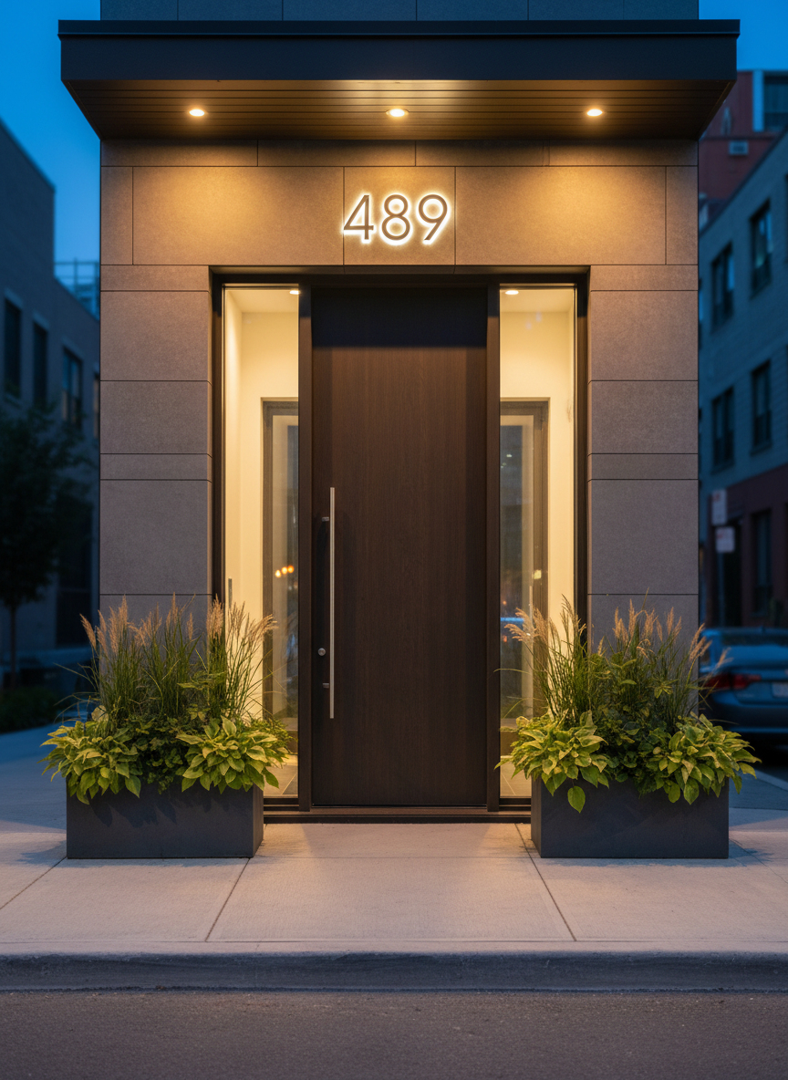 A close, detailed exterior shot of a renovated multifamily building entrance, showcasing a freshly upgraded lobby façade. The scene features a dark wood-look pivot door with brushed metal hardware, flanked by vertical glass panels and backlit building numbers set in smooth stone cladding. Recessed warm LED lighting washes down the textured stone, creating soft highlights and clean, defined shadows. The sidewalk is newly paved, with a pair of modern rectangular planters filled with lush greenery on either side. Photographed at twilight with a straight-on, eye-level composition, the background gently falls out of focus. The atmosphere is polished, secure, and upscale, illustrating a value-add renovation that enhances first impressions and long-term asset value.